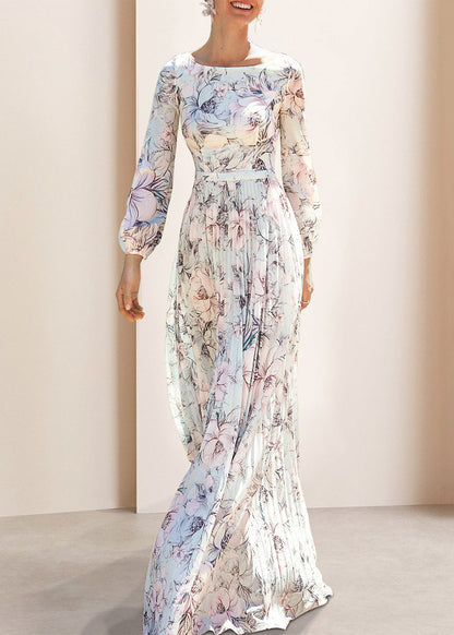 Elegant Light Blue Print Wrinkled Chiffon Ankle Dress Fall AM1030