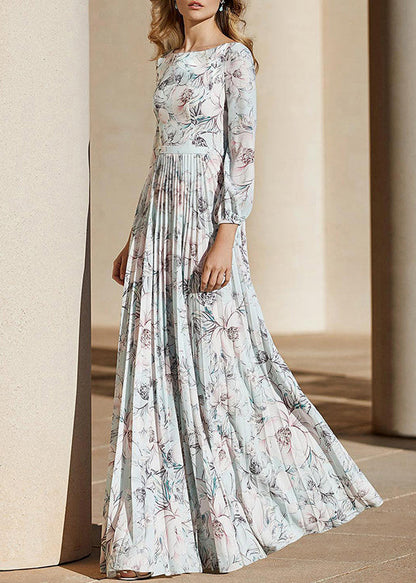 Elegant Light Blue Print Wrinkled Chiffon Ankle Dress Fall AM1030