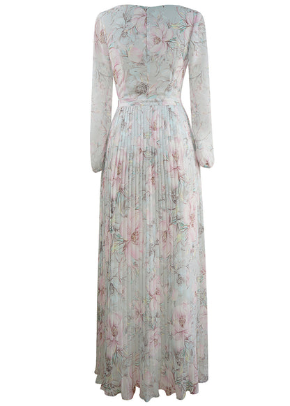 Elegant Light Blue Print Wrinkled Chiffon Ankle Dress Fall AM1030