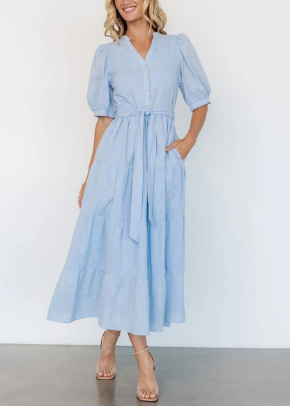 Elegant Light Blue V Neck Pockets Cotton Long Dress Summer AU1005