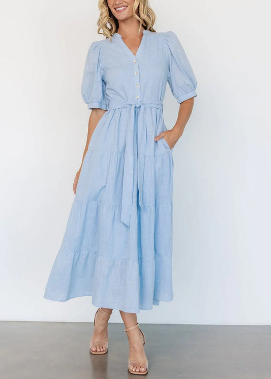 Elegant Light Blue V Neck Pockets Cotton Long Dress Summer AU1005