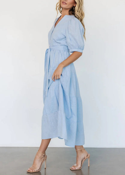 Elegant Light Blue V Neck Pockets Cotton Long Dress Summer AU1005