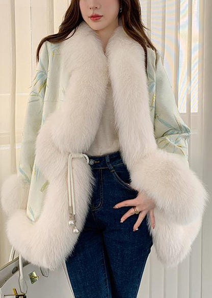 Elegant Light Green Fox Collar Embroidered Leather And Fur Coats Winter TY020