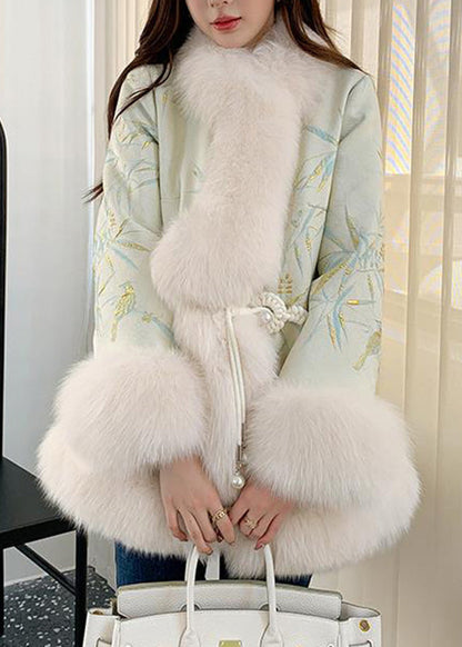 Elegant Light Green Fox Collar Embroidered Leather And Fur Coats Winter TY020