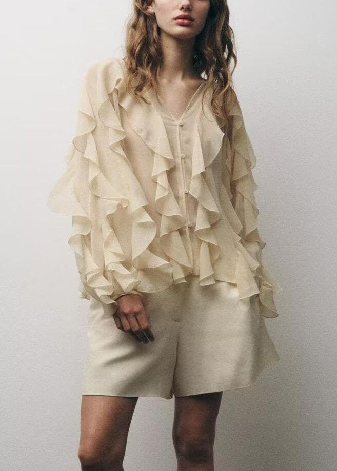 Chemise élégante d'été en mousseline de soie jaune clair à volants UPF 50+
