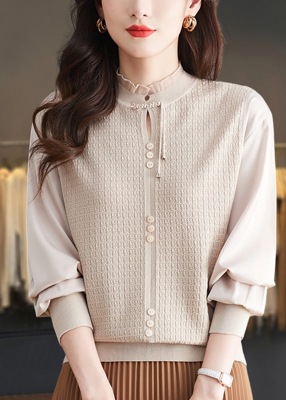 Elegant Mulberry Ruffled Patchwork Knit Sweater Tops Spring TQ012