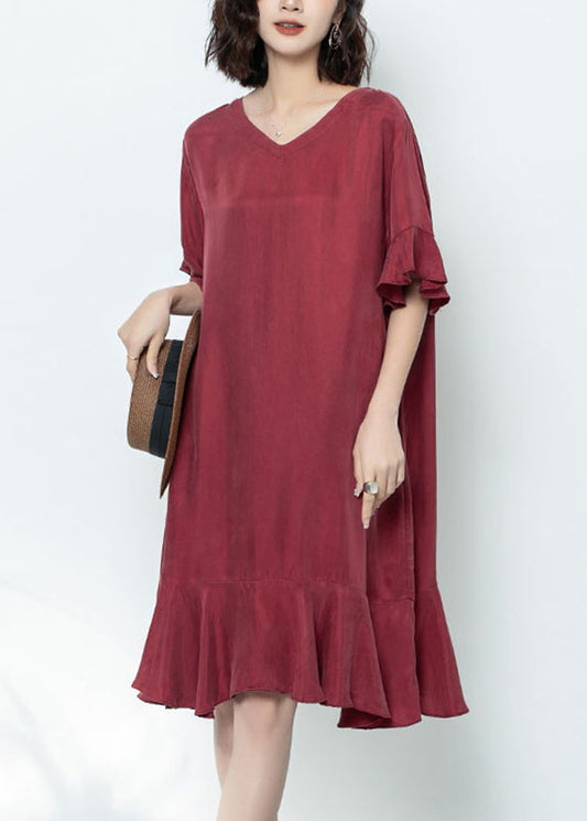 Elegant Mulberry V Neck Ruffled Patchwork Long Dress Summer GH1078
