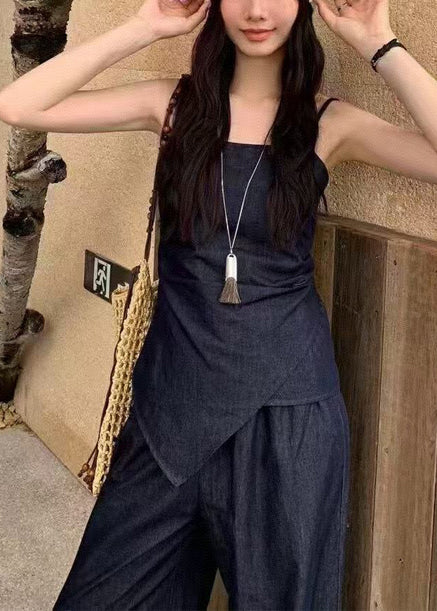 Elegant Navy Denim Summer Fit Piece Asymmetrical Silm 2 Outfit