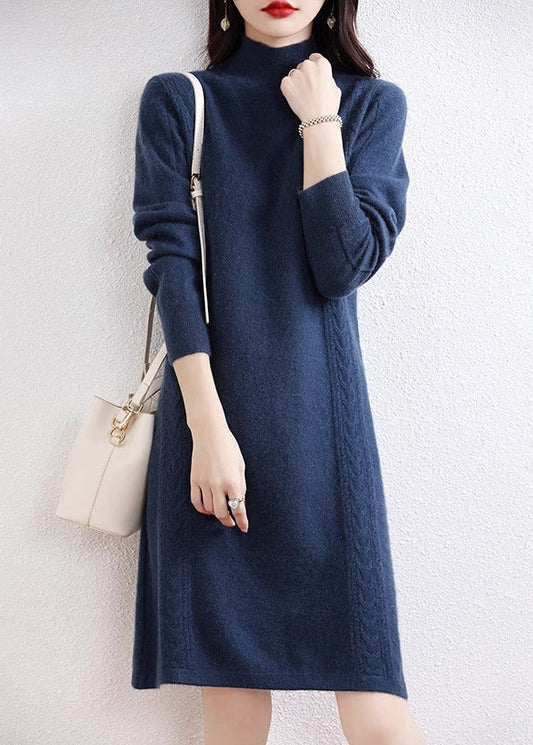 Elegant Navy Turtleneck Solid Wool Knit Sweater Dress Fall QI003