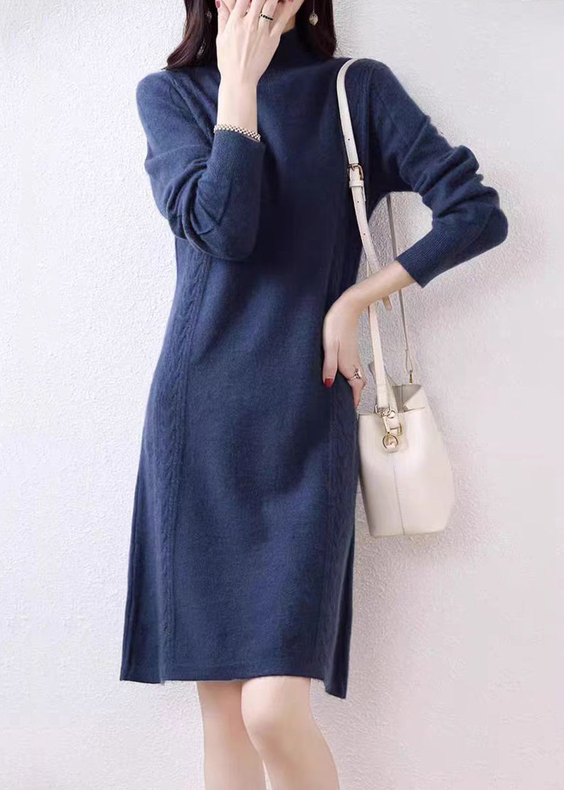 Elegant Navy Turtleneck Solid Wool Knit Sweater Dress Fall QI003