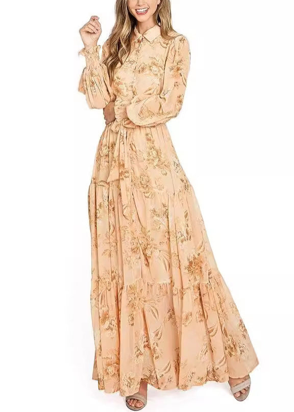 Elegant Orange Button Print Cotton Maxi Dresses Long Sleeve AU1015