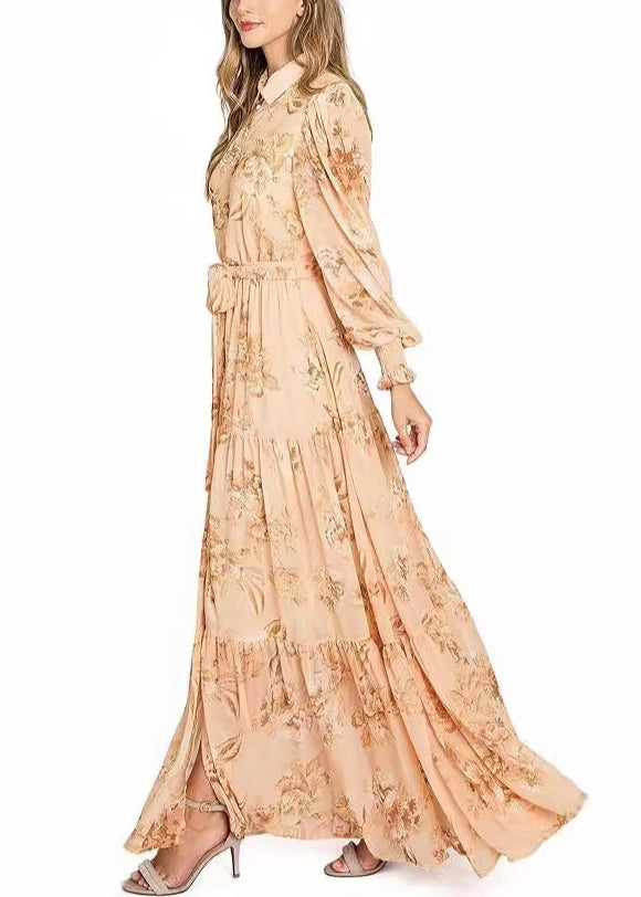 Elegant Orange Button Print Cotton Maxi Dresses Long Sleeve AU1015