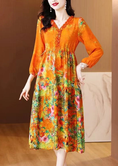 Robe longue en soie patchwork à imprimé volants orange élégante printemps OP1040