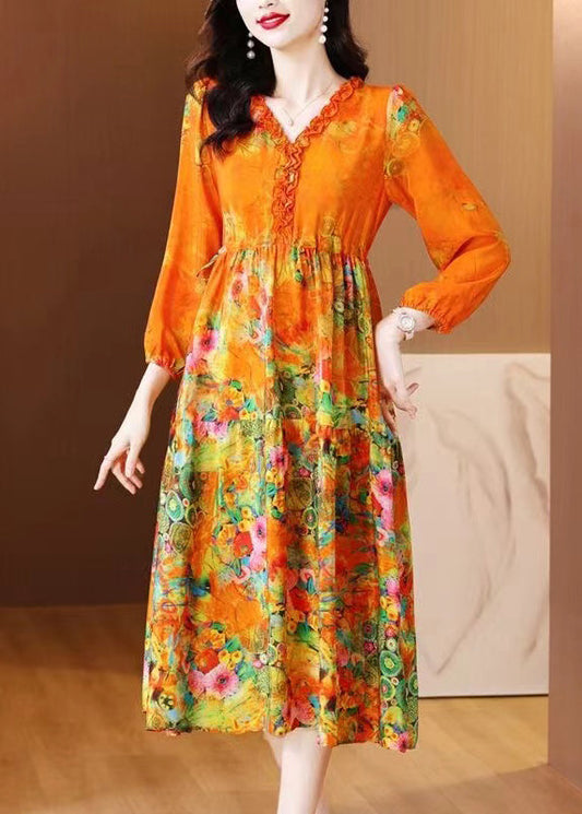 Robe longue en soie patchwork à imprimé volants orange élégante printemps OP1040