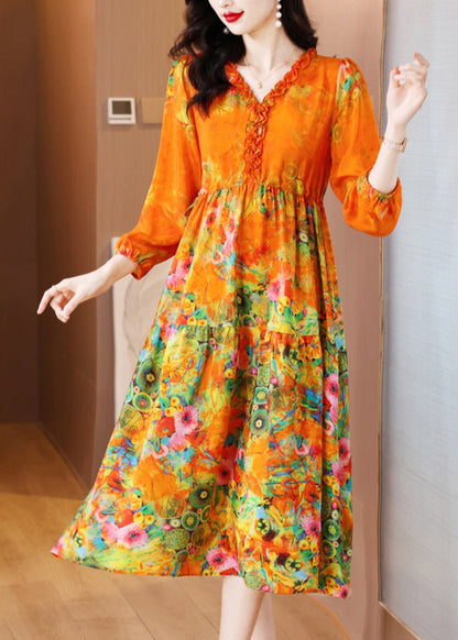 Robe longue en soie patchwork à imprimé volants orange élégante printemps OP1040