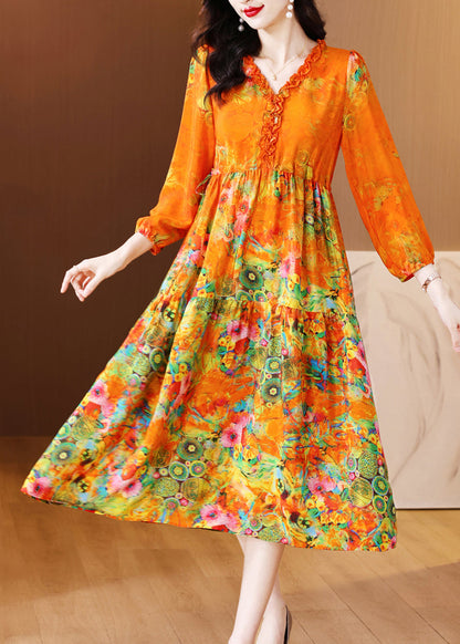 Robe longue en soie patchwork à imprimé volants orange élégante printemps OP1040