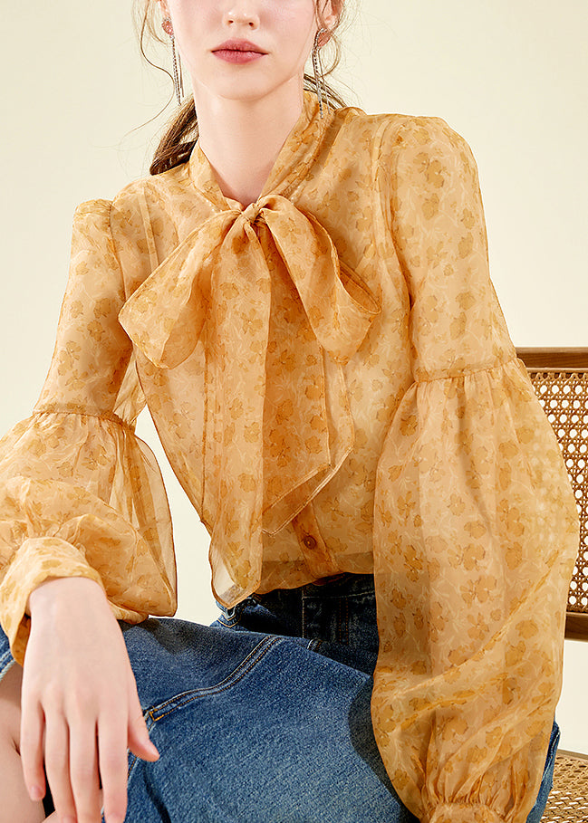 Elegant Orange Stand Collar Chiffon Top Lantern Sleeve UU1038