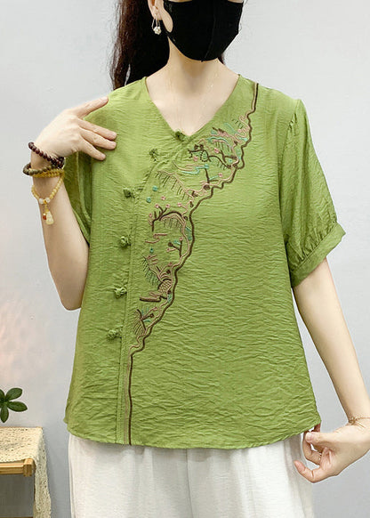 Elegant Pea Green Embroidered Button Linen Shirts Summer RE043