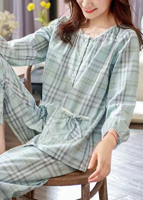 Elegant Set Bow Cotton Peter Plaid Two Pieces Collar Pan Pajamas