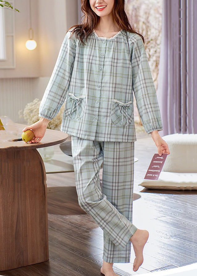 Elegant Set Bow Cotton Peter Plaid Two Pieces Collar Pan Pajamas