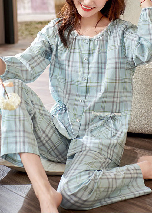 Elegant Set Bow Cotton Peter Plaid Two Pieces Collar Pan Pajamas