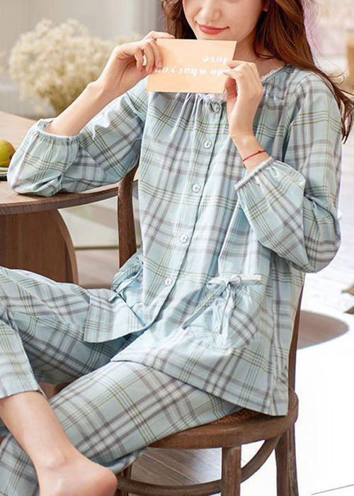 Elegant Set Bow Cotton Peter Plaid Two Pieces Collar Pan Pajamas