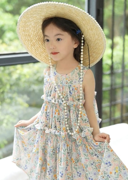 Elegant Photo Color Ruffled Print Cotton Girls Dress Sleeveless EW055