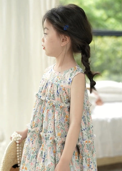 Elegant Photo Color Ruffled Print Cotton Girls Dress Sleeveless EW055