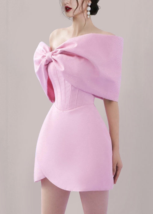 Robe mi-longue élégante en coton uni avec nœud rose pour l'été EE1063