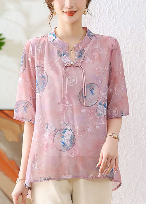 Chemise en mousseline de soie rose élégante à imprimé boutons chinois été AU1066