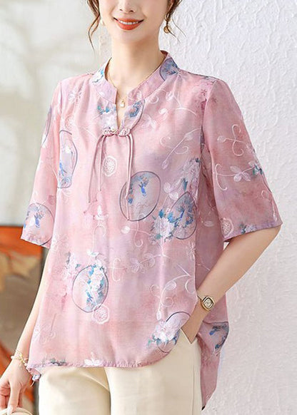 Elegant Pink Chinese Button Print Chiffon Shirt Summer AU1066