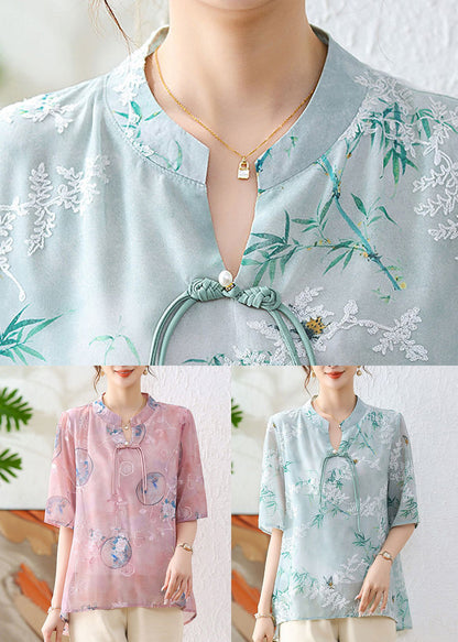 Elegant Pink Chinese Button Print Chiffon Shirt Summer AU1066