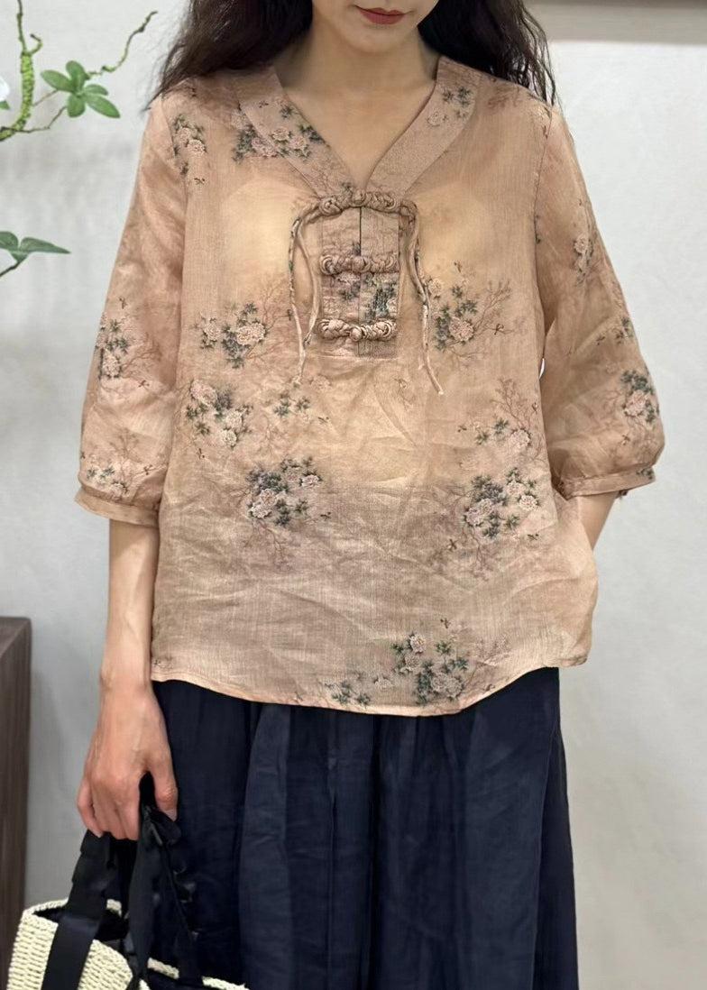 Chemise en lin à manches mi-longues et boutons chinois rose élégant JH034