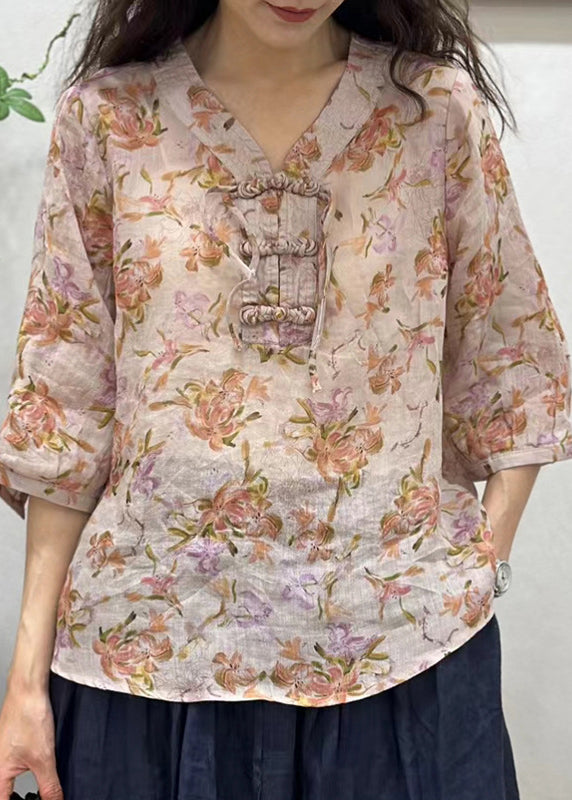 Chemise en lin à manches mi-longues et boutons chinois rose élégant JH034