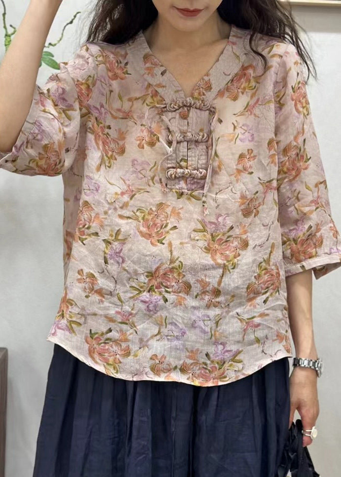 Chemise en lin à manches mi-longues et boutons chinois rose élégant JH034