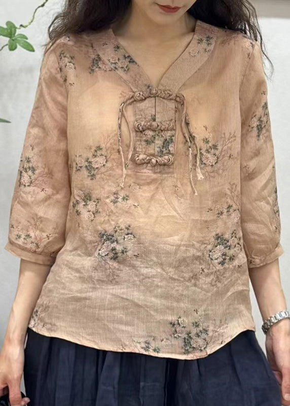 Chemise en lin à manches mi-longues et boutons chinois rose élégant JH034