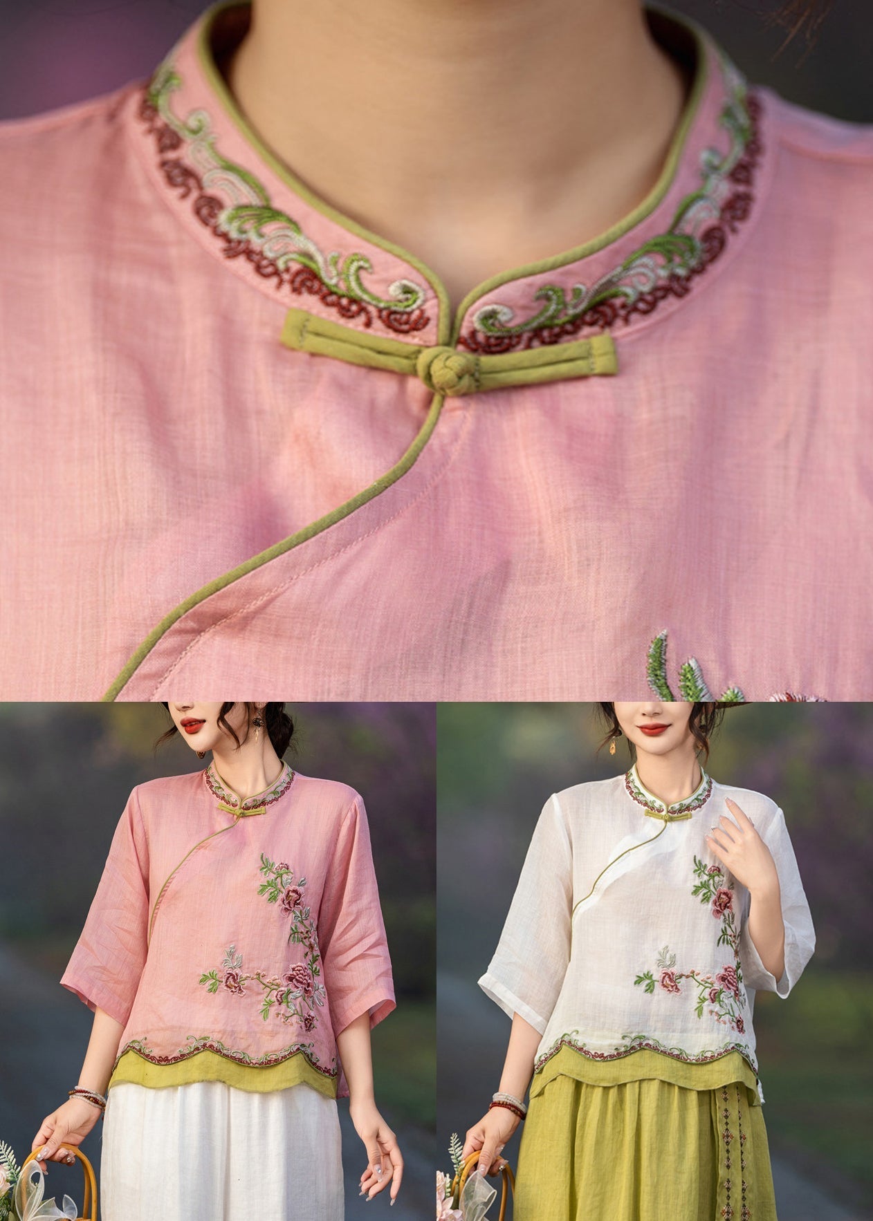 Chemise boutonnée élégante à manches roses avec bracelet brodé en lin