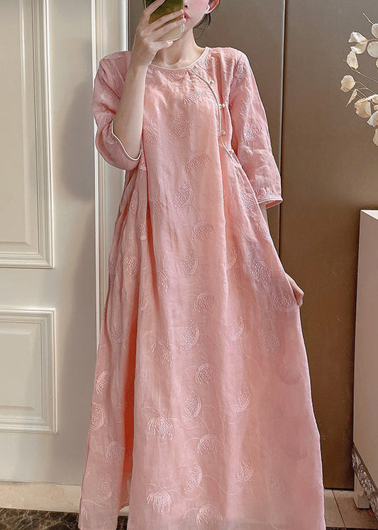 Two-Piece Elegant Embroidered Linen Set Sleeve Pink Half Button