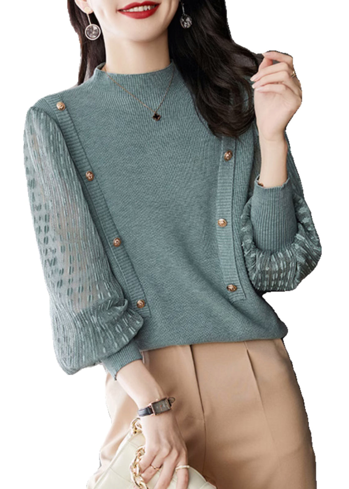 Elegant Pink Half High Neck Patchwork Knit Pullover Spring TH037