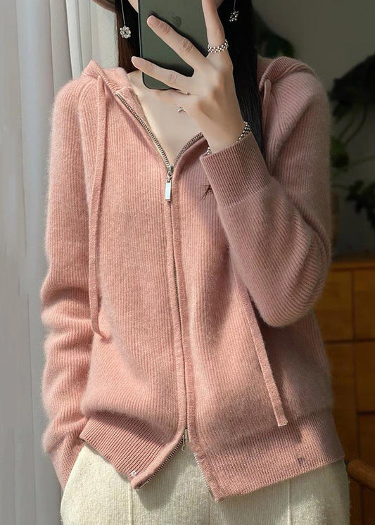 Manteau élégant en tricot de laine rose à capuche et fermeture éclair pour l'automne QI026