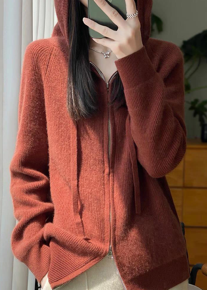 Manteau élégant en tricot de laine rose à capuche et fermeture éclair pour l'automne QI026