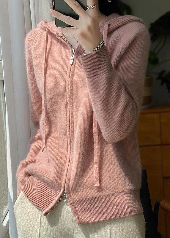 Elegant Pink Hooded Zip Up Wool Knit Coat Fall QI026