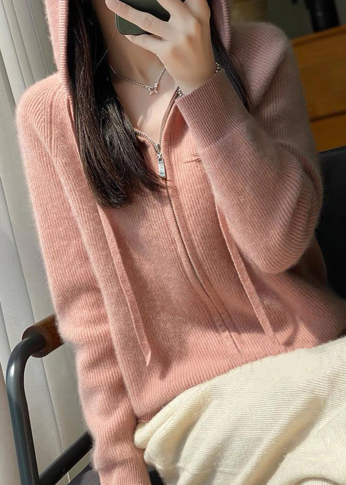 Elegant Pink Hooded Zip Up Wool Knit Coat Fall QI026