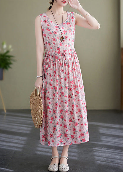 Elegant Pink Lace Up Wrinkled Print Cotton Long Dress Sleeveless JH036