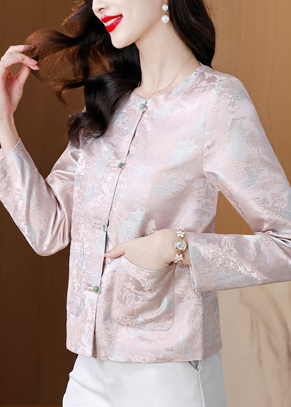 Elegant Pink O Neck Button Pockets Silk Coat Fall QO010