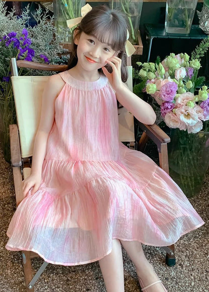 Elegant Pink O Neck Lace Up Chiffon Girls Dress Sleeveless EW060