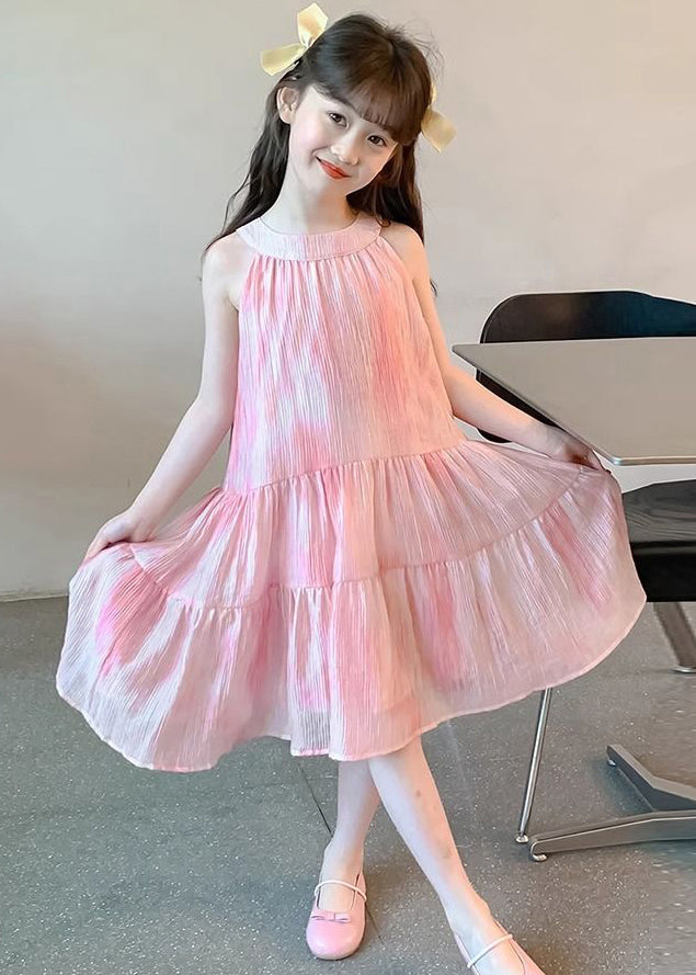 Robe élégante en mousseline de soie rose à col rond et lacets pour filles sans manches EW060