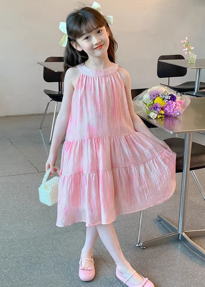 Elegant Pink O Neck Lace Up Chiffon Girls Dress Sleeveless EW060