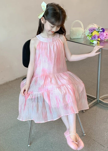 Elegant Pink O Neck Lace Up Chiffon Girls Dress Sleeveless EW060