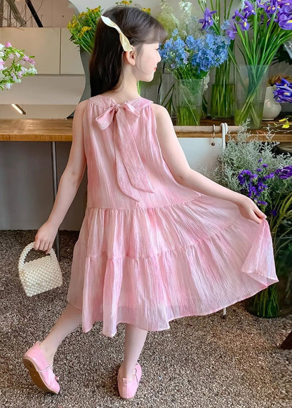 Elegant Pink O Neck Lace Up Chiffon Girls Dress Sleeveless EW060